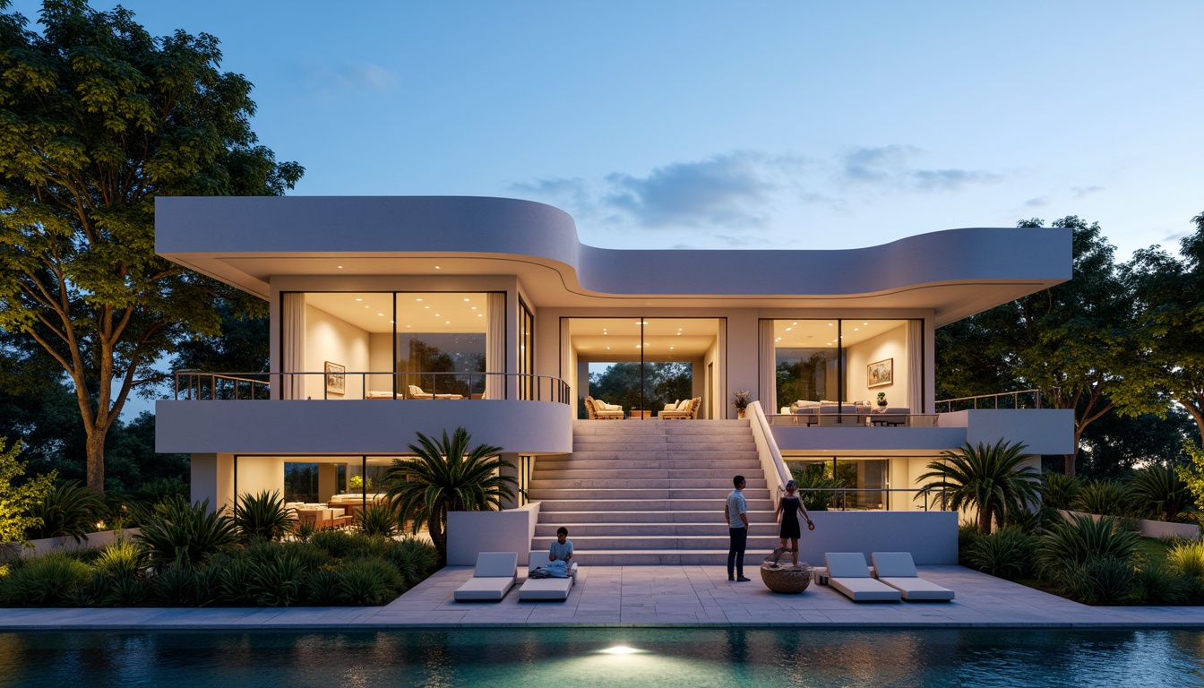 Prompt: Luxurious villa, curved lines, geometric shapes, cantilevered roofs, grand entrance, symmetrical facade, elegant columns, minimalist decor, floor-to-ceiling windows, sliding glass doors, breathtaking views, lush greenery, tiered gardens, serene water features, warm ambient lighting, 1/2 composition, atmospheric perspective, realistic textures, subtle shading.