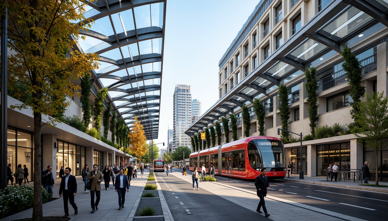 Prompt: Vibrant tram station, curved glass roofs, natural light illumination, exposed steel beams, recycled metal cladding, living green walls, energy-efficient LED lighting, solar panels, wind turbines, rainwater harvesting systems, permeable pavement, urban gardening, modern minimalist design, bold color accents, dynamic architectural forms, futuristic aesthetic, busy city streets, rush hour atmosphere, shallow depth of field, 1/2 composition, realistic textures, ambient occlusion.