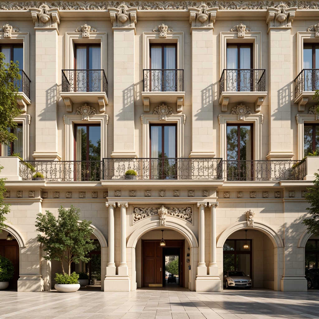 Prompt: Grand neoclassical building, ornate facade details, Corinthian columns, intricate carvings, arched windows, balconies with metal railings, creamy stone walls, symmetrical composition, subtle color palette, soft natural lighting, 1/1 aspect ratio, central axis symmetry, classical ornaments, ornate doorways, grand entrance, marble floors, stately atmosphere, morning sunlight, shallow depth of field, realistic textures, ambient occlusion.