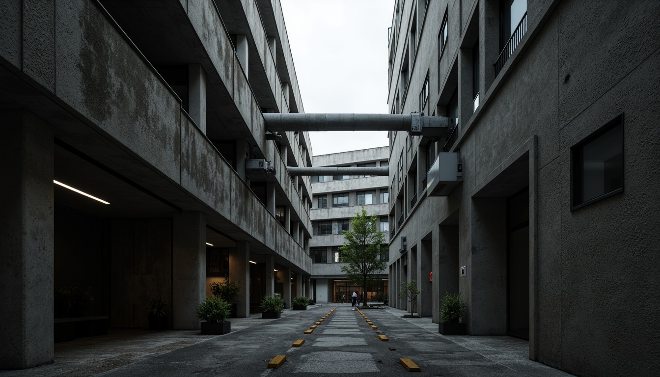 Prompt: Harsh concrete buildings, rugged textures, dramatic shadows, industrial-style lighting fixtures, exposed ductwork, raw metal beams, cold gloomy atmosphere, diffused natural light, muted color palette, brutalist architectural style, fortress-like structures, urban cityscape, overcast sky, strong contrasts, high dynamic range, 1/1 composition, symmetrical framing, realistic renderings, ambient occlusion.Let me know if this meets your requirements!