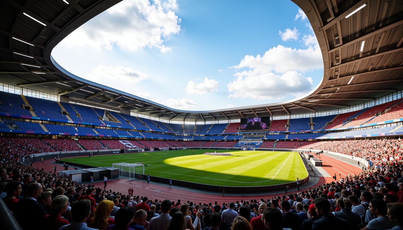 Prompt: Vibrant stadium atmosphere, bold team colors, energetic crowds, dynamic seating arrangements, sleek modern architecture, curved lines, futuristic LED lighting, electric blue accents, fiery red highlights, deep green fields, lush athletic tracks, sunny day, soft warm lighting, shallow depth of field, 3/4 composition, panoramic view, realistic textures, ambient occlusion.