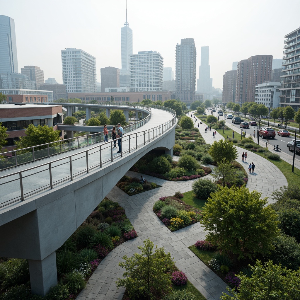 Prompt: Curved pedestrian bridge, sleek metal railings, glass floors, urban skyline views, bustling city streets, vibrant street art, modern architecture, green roofs, eco-friendly materials, innovative lighting systems, misty morning atmosphere, shallow depth of field, 1/1 composition, realistic textures, ambient occlusion, natural stone pathways, lush greenery, blooming flowers, tranquil water features, scenic lookout points, panoramic views.