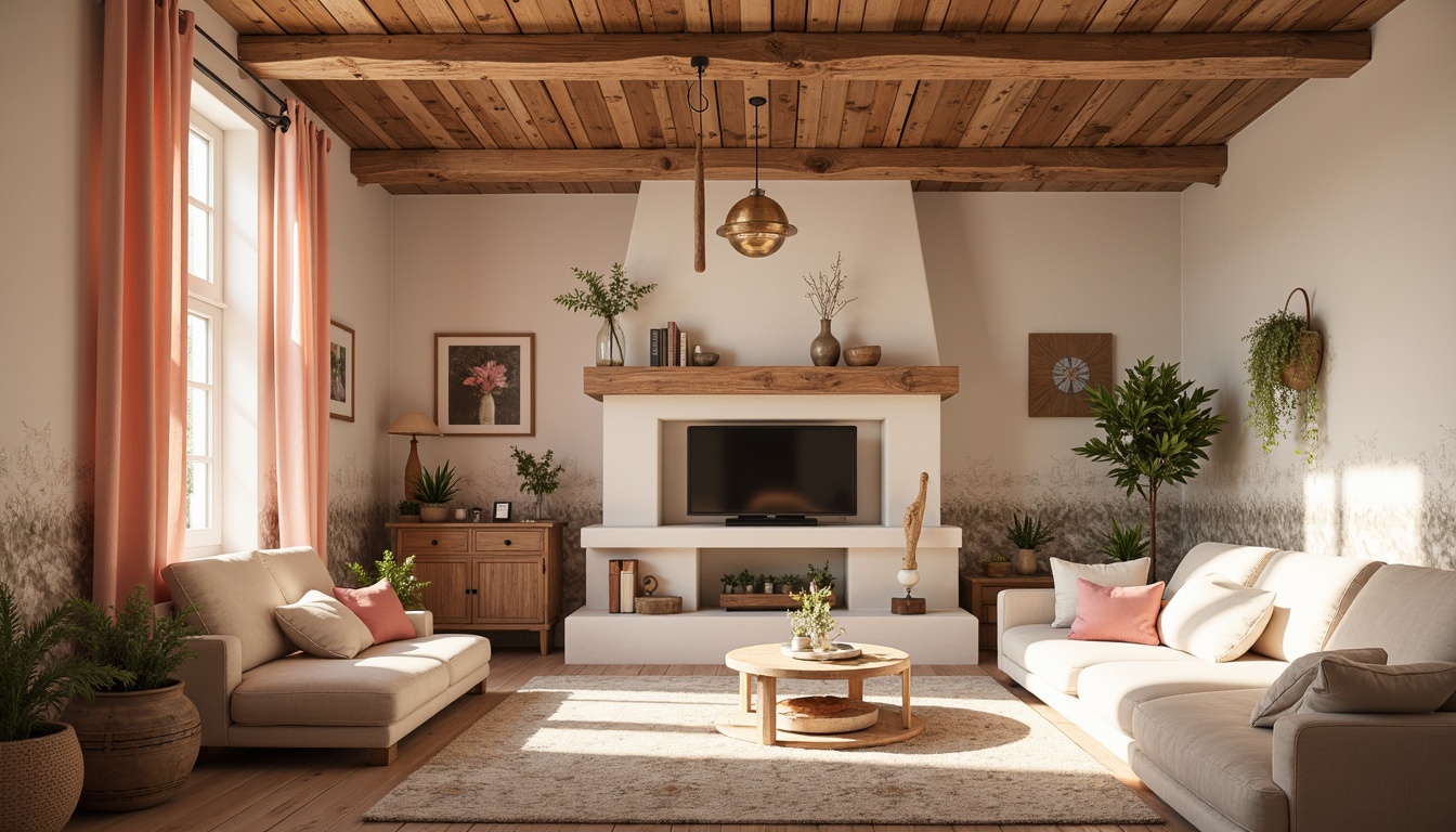 Prompt: Soft peach hues, warm beige tones, blush pink accents, creamy white backgrounds, rustic wood textures, natural stone walls, cozy living rooms, intimate settings, golden hour lighting, shallow depth of field, 1/1 composition, romantic ambiance, whimsical patterns, distressed finishes, vintage decor, earthy atmosphere.