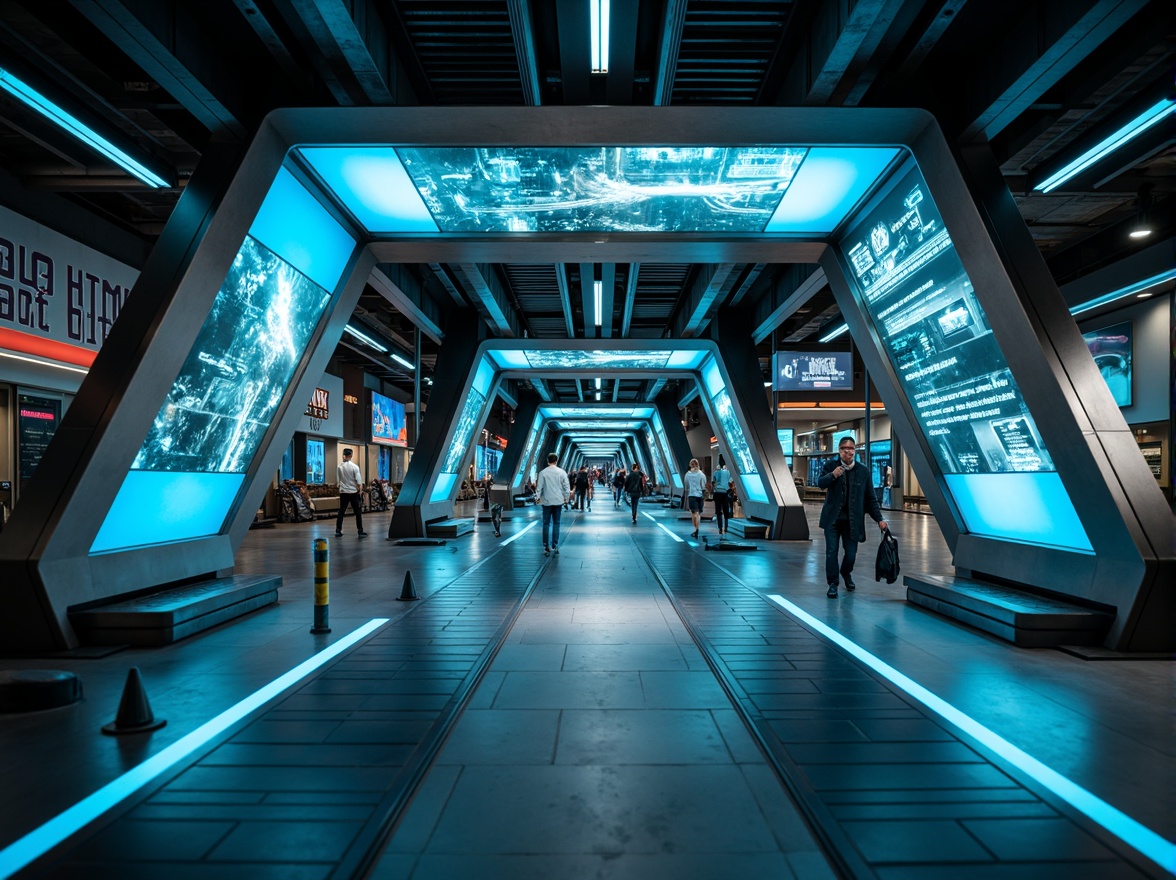 Prompt: Futuristic high-tech station, neon-lit corridors, metallic surfaces, holographic displays, sleek angular lines, minimalist design, LED light strips, glowing blue accents, dark grey tones, reflective glass surfaces, stainless steel textures, modern industrial architecture, urban cityscape, busy metropolitan area, fast-paced atmosphere, cinematic lighting, shallow depth of field, 2/3 composition, realistic reflections, ambient occlusion.