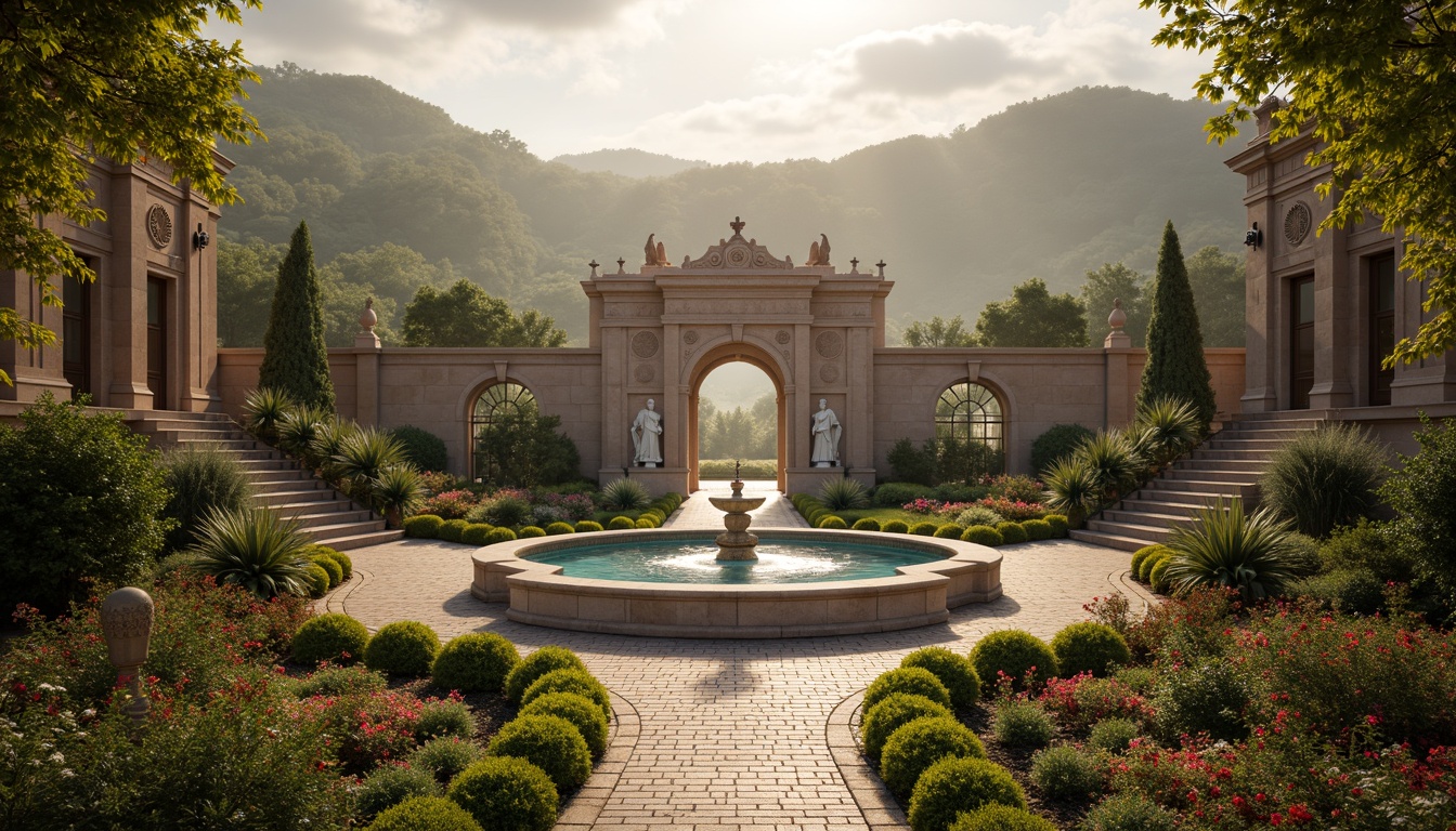 Prompt: Ornate fountain, grand staircases, lavish gardens, curved walkways, ornamental statues, intricately carved stone walls, dramatic archways, majestic entrance gates, vibrant flower arrangements, lush greenery, natural rock formations, rolling hills, serene lakes, misty atmosphere, warm golden lighting, soft focus, 1/2 composition, cinematic view, detailed textures, atmospheric perspective.