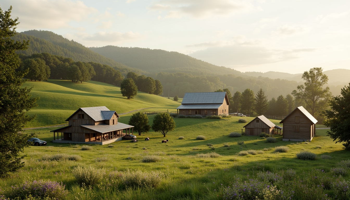 Prompt: Rustic rural landscape, rolling hills, wooden farmhouses, vintage barns, lush green pastures, wildflower fields, serene natural ambiance, earthy color palette, mossy greens, weathered wood tones, soft creamy whites, warm beige textures, subtle gradient skies, misty morning atmosphere, shallow depth of field, 1/2 composition, realistic renderings, ambient occlusion.