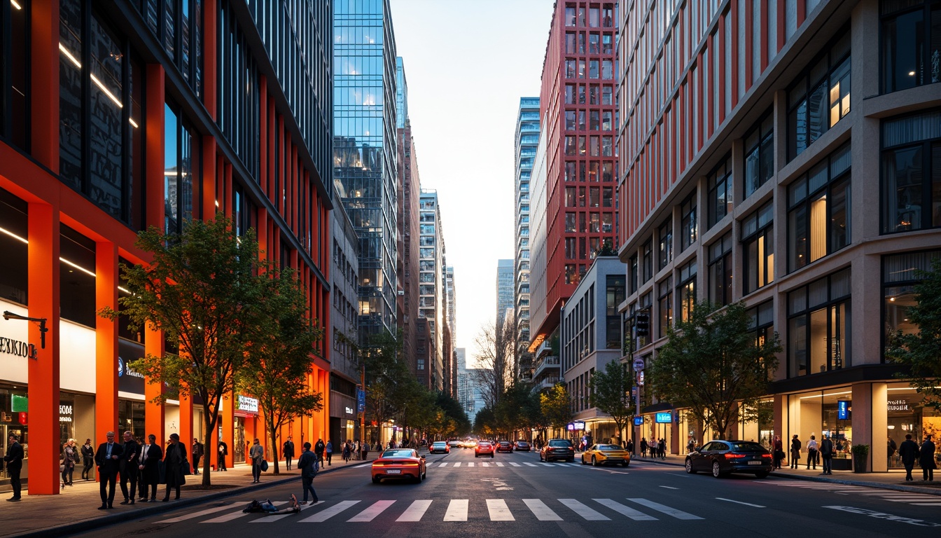 Prompt: Vibrant cityscape, sleek skyscrapers, bold color blocking, contrasting hues, harmonious palette, monochromatic scheme, rich textures, metallic accents, glass fa\u00e7ades, modern architecture, urban landscape, bustling streets, neon lights, warm golden lighting, shallow depth of field, 1/2 composition, realistic reflections, ambient occlusion.