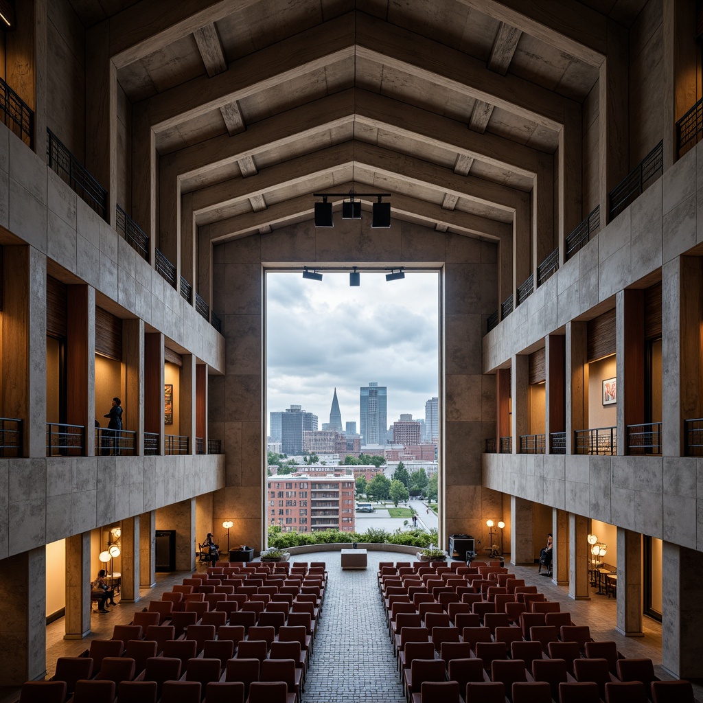 Prompt: Exposed concrete walls, raw industrial aesthetic, brutalist architecture, grand auditorium space, steeply pitched roof, angular lines, minimal ornamentation, functional design, sound-absorbing materials, acoustic panels, tiered seating, spotlights, dramatic lighting, rich wood accents, natural stone flooring, bold color scheme, abstract art installations, urban cityscape views, cloudy day, soft diffused lighting, high contrast ratio, 2/3 composition, symmetrical framing.