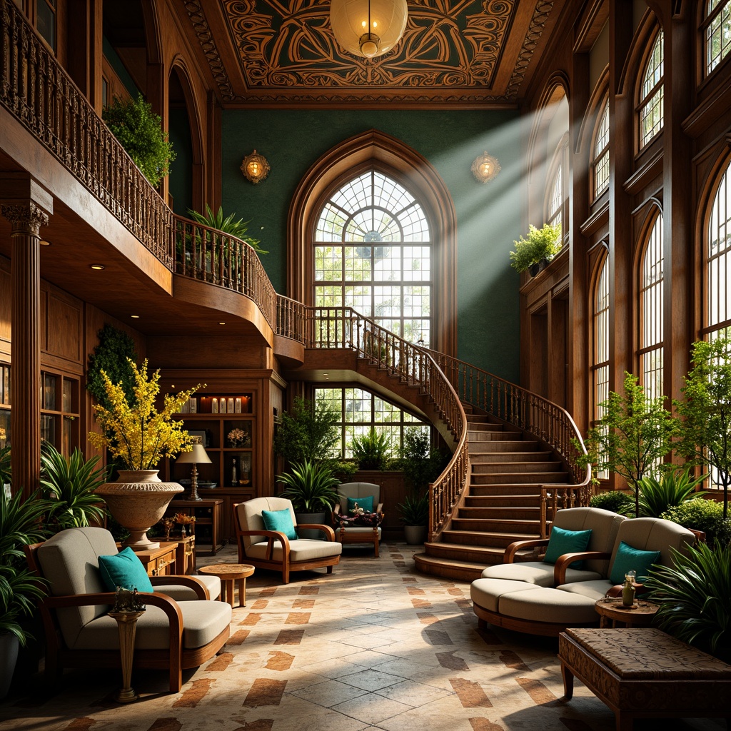 Prompt: Intricate Art Nouveau ornaments, sinuous lines, flowing curves, organic forms, luxurious materials, opulent fabrics, metallic accents, turquoise highlights, emerald greenery, amber warm tones, rich wood paneling, ornate furnishings, curvaceous staircases, stained glass windows, soft golden lighting, shallow depth of field, 1/1 composition, realistic textures, ambient occlusion.