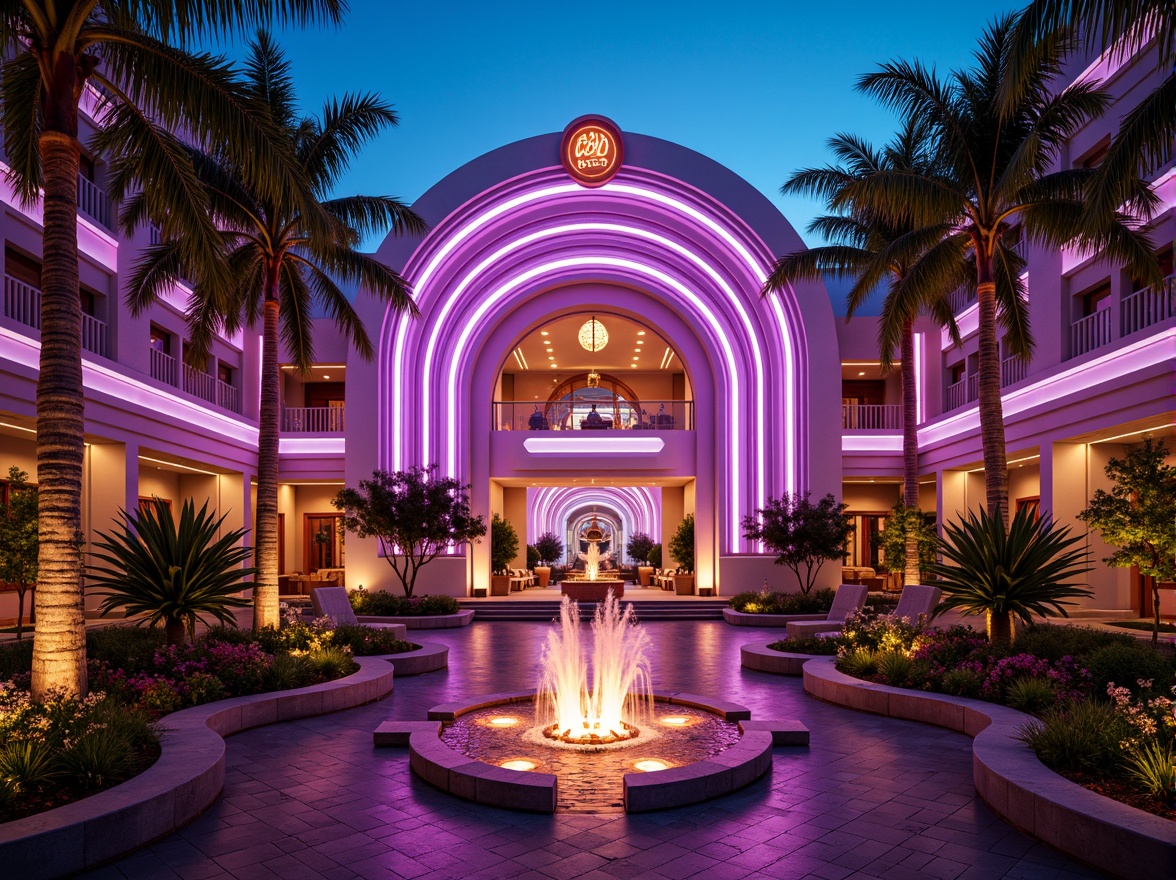 Prompt: Vibrant neon lights, ornate decorations, grand entrance, lavish fountains, exotic palm trees, curved lines, Art Deco influences, luxurious materials, metallic accents, bold color schemes, dynamic shapes, sweeping arches, intricate moldings, dramatic lighting effects, 1/1 composition, low-angle shot, warm golden hour, shallow depth of field, realistic reflections.