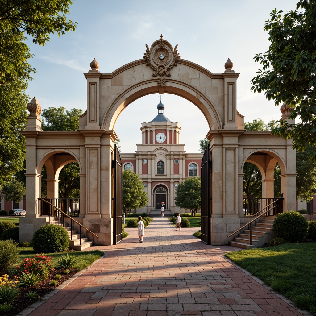 Prompt: Elegant university gates, ornate stone columns, sweeping archways, majestic clock towers, manicured lawns, vibrant flowerbeds, mature trees, rustic brick pathways, grand staircases, imposing facades, classical pediments, decorative friezes, ornamental railings, bronze statues, intricate carvings, warm golden lighting, shallow depth of field, 1/2 composition, symmetrical framing, realistic textures, ambient occlusion.