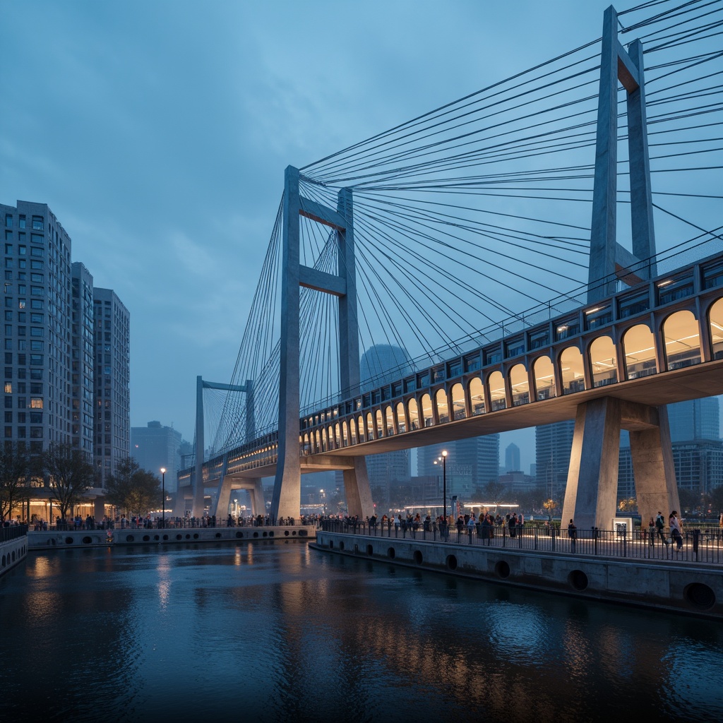 Prompt: Futuristic suspension bridge, sleek metallic beams, neon-lit LED lights, futuristic pillars, geometric patterns, reflective glass surfaces, modern architecture, urban cityscape, misty atmosphere, dramatic evening lighting, shallow depth of field, 1/1 composition, panoramic view, realistic textures, ambient occlusion, high-tech materials, advanced engineering solutions, sustainable energy systems, minimalist design, bold color scheme, intricate cable networks.