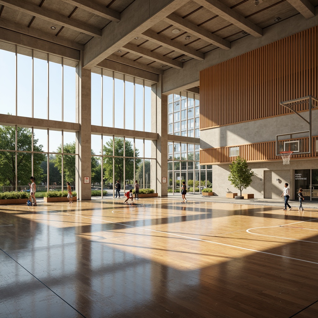 Prompt: Spacious gymnasium, large windows, natural light, outdoor views, athletic tracks, sports equipment, basketball courts, tennis tables, climbing walls, wooden floors, modern architecture, curved lines, green roofs, living walls, vertical gardens, outdoor classrooms, shaded seating areas, misting systems, warm sunny day, soft diffuse lighting, 1/1 composition, realistic textures, ambient occlusion.