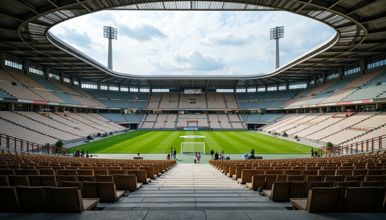 Prompt: Stadium seating area, worn stone steps, weathered concrete walls, rusty metal railings, vibrant green grass, lush athletic tracks, modern architectural design, sleek glass facades, angular lines, dynamic floodlighting, shallow depth of field, 3/4 composition, panoramic view, realistic textures, ambient occlusion.