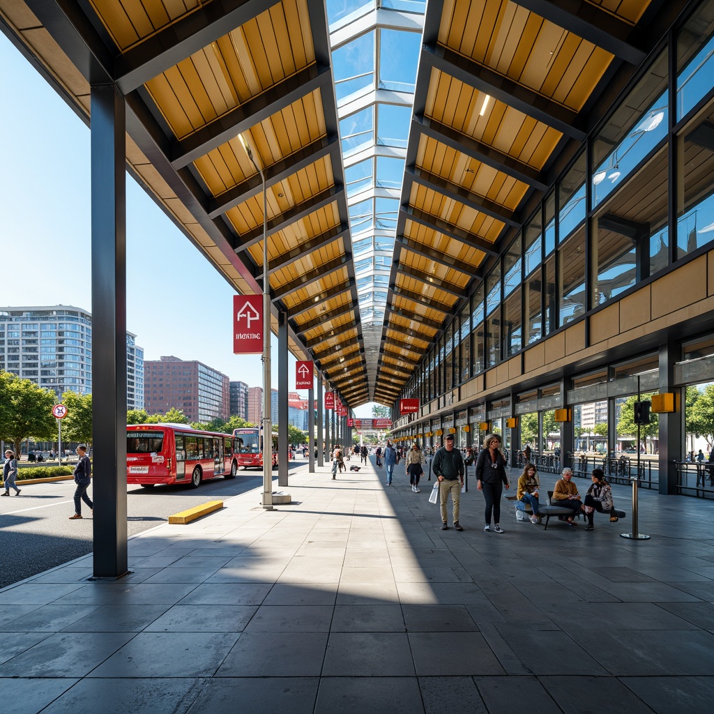 Prompt: Vibrant bus terminal, modern architecture, sleek metal roofs, large glass windows, urban landscape, busy streets, dynamic lighting, warm beige tones, deep blue accents, energetic yellow highlights, bold red signage, industrial materials, stainless steel columns, polished concrete floors, minimalist benches, information displays, real-time schedules, pedestrian flow, efficient wayfinding, natural ventilation, comfortable waiting areas, lively atmosphere, shallow depth of field, 3/4 composition, panoramic view, realistic textures, ambient occlusion.