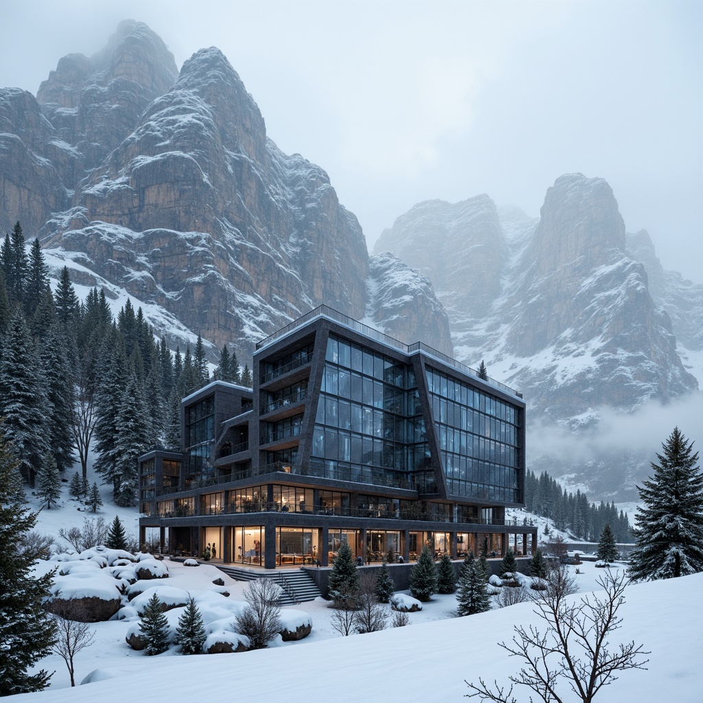 Prompt: Fragmented ski lodge, rugged mountainous terrain, snow-capped peaks, irregular angular forms, distorted reflective surfaces, dynamic cantilevered structures, metallic latticework, brutalist concrete textures, icy blue glass fa\u00e7ades, asymmetrical compositions, stark dramatic lighting, misty atmospheric effects, 1/2 composition, low-angle shot, cinematic depth of field, realistic snowfall simulation.