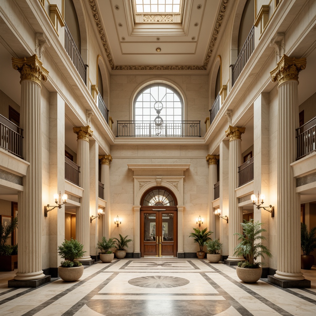 Prompt: Grandiose office building, neoclassical architecture, Corinthian columns, ornate capitals, elegant archways, symmetrical facade, cream-colored marble walls, polished bronze doors, luxurious chandeliers, high ceilings, spacious atrium, natural stone floors, intricate moldings, decorative friezes, subtle warm lighting, shallow depth of field, 2/3 composition, classical proportions, realistic textures, ambient occlusion.