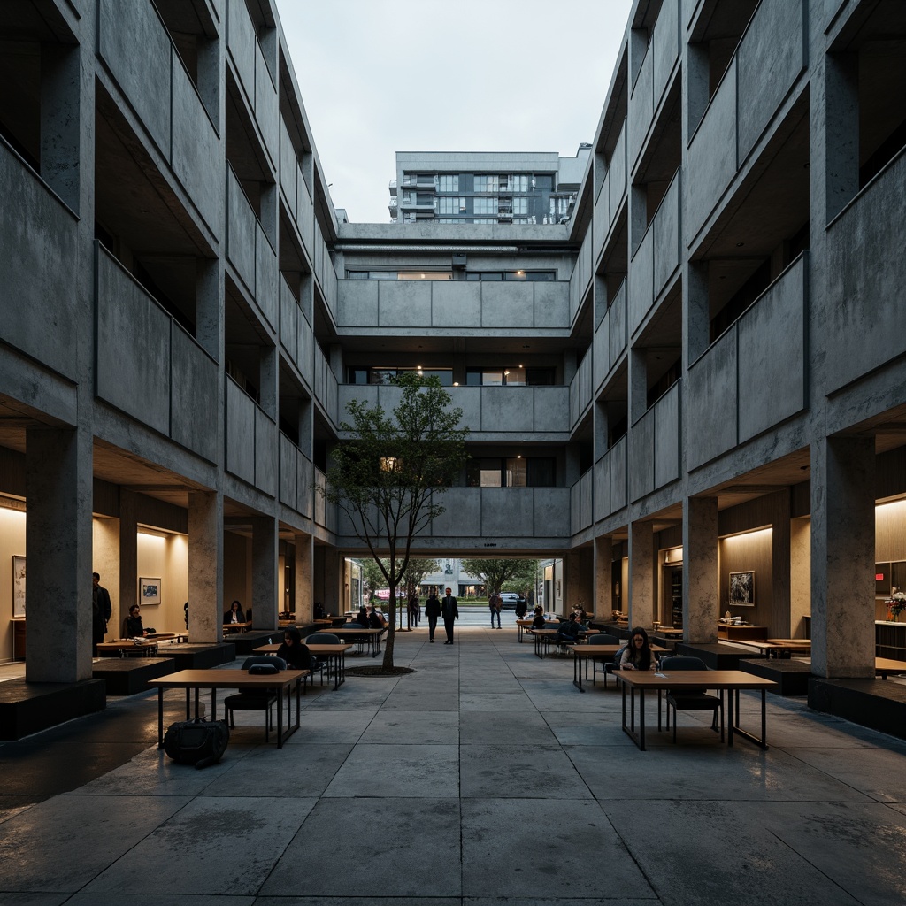 Prompt: Rugged school building, brutalist architecture, exposed concrete walls, raw unfinished textures, industrial-style lighting, metal beams, functional pipes, minimalist classrooms, modular furniture, urban cityscape, overcast skies, dramatic shadows, high contrast lighting, cinematic composition, symmetrical framing, gritty realistic render.