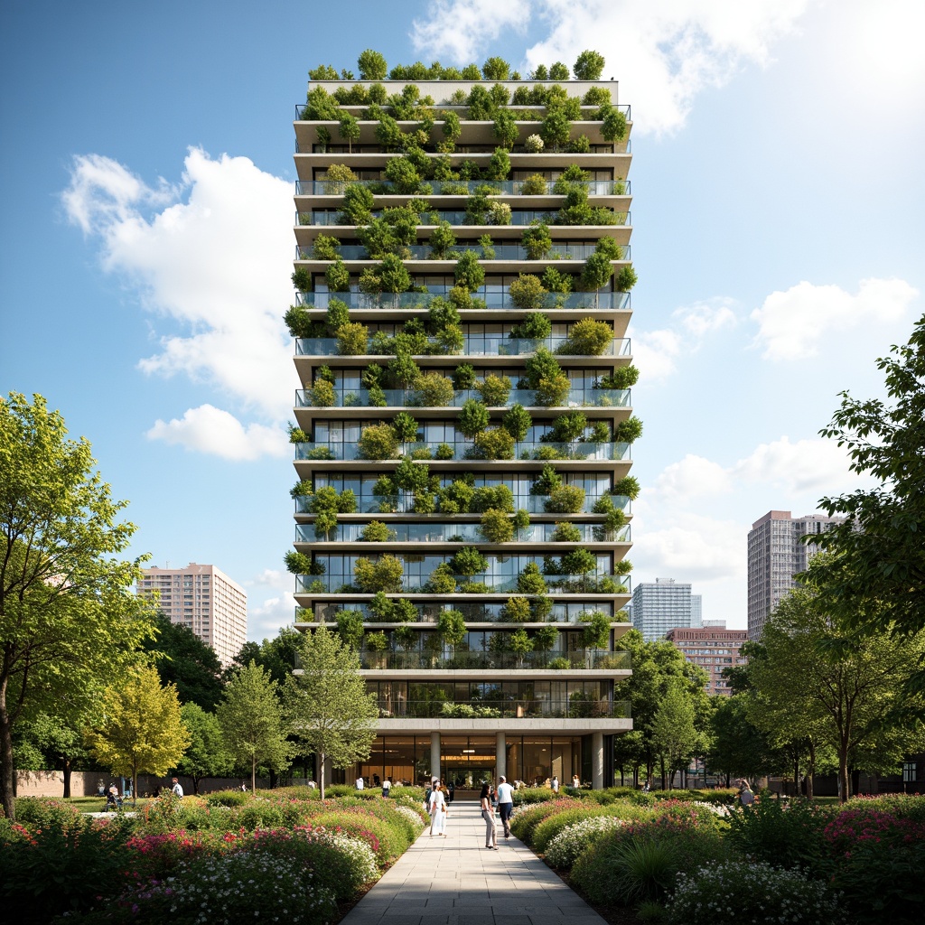 Prompt: Eco-friendly skyscraper, living green walls, recycled metal fa\u00e7ade, solar panels, wind turbines, rainwater harvesting system, bamboo flooring, low-VOC paint, natural stone cladding, energy-efficient glazing, minimalist interior design, reclaimed wood accents, urban garden rooftops, misting systems, shaded outdoor spaces, innovative cooling technologies, vibrant greenery, blooming flowers, sunny day, soft warm lighting, shallow depth of field, 3/4 composition, panoramic view, realistic textures, ambient occlusion.