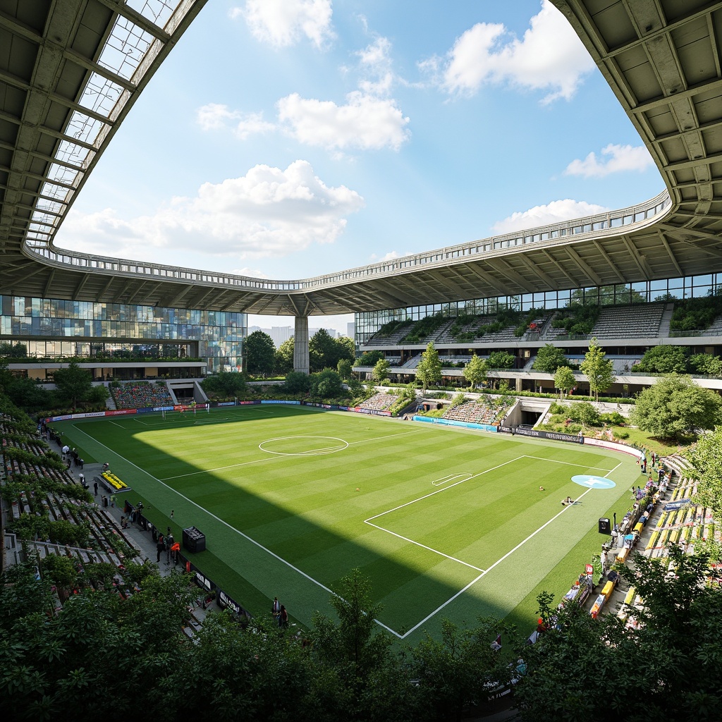 Prompt: Eco-friendly stadium design, green roofs, solar panels, wind turbines, rainwater harvesting systems, recycled materials, natural ventilation, large windows, clerestory lighting, transparent fa\u00e7ade, cantilevered seating areas, open concourses, lush vegetation, native plant species, living walls, green screens, public art installations, educational signage, interactive exhibits, dynamic LED lighting, energy-efficient systems, sustainable building practices, minimal carbon footprint, futuristic architecture, modern amenities, panoramic views, shallow depth of field, 3/4 composition.