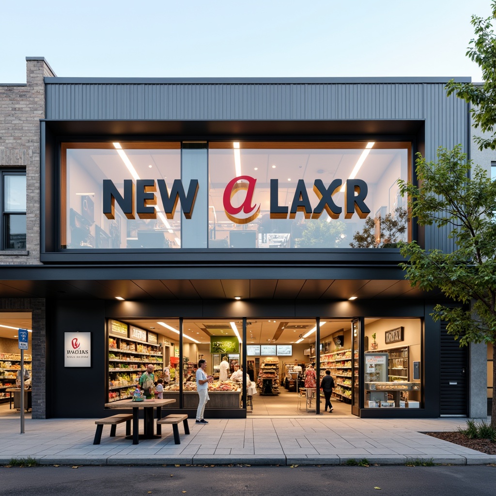 Prompt: Clean-lined grocery store facade, rectangular forms, primary color scheme, industrial materials, metal frames, large windows, minimalist signage, geometric patterns, functional layout, urban street context, morning sunlight, soft shadows, shallow depth of field, 1/2 composition, symmetrical arrangement, bold typography, sans-serif fonts.