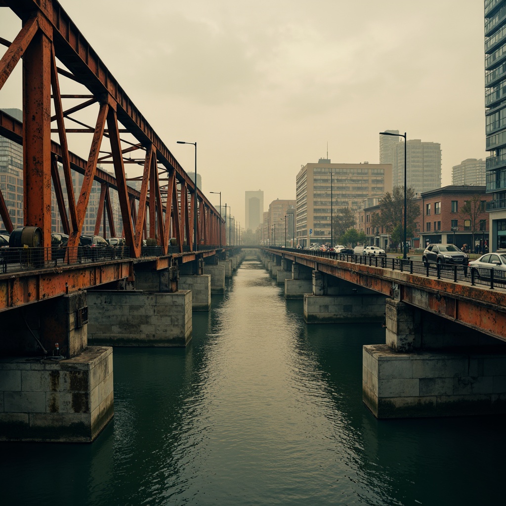 Prompt: Weathered steel bridges, industrial aesthetic, rusty orange hues, worn concrete textures, urban cityscape, misty atmospheric lighting, soft focus effect, cinematic composition, 1/1 aspect ratio, muted color tones, distressed metal details, faded blue accents, vintage infrastructure, nostalgic atmosphere, warm golden hour lighting, subtle gradient effects, realistic wear and tear.