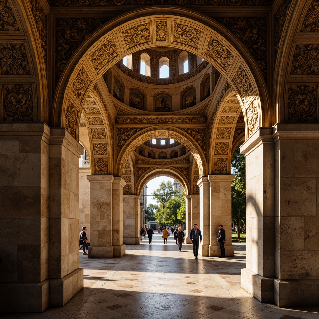 Prompt: Grand archways, ornate carvings, golden mosaics, Byzantine domes, intricate stone patterns, ancient columns, marble floors, solemn ambiance, soft warm lighting, shallow depth of field, 3/4 composition, realistic textures, ambient occlusion.