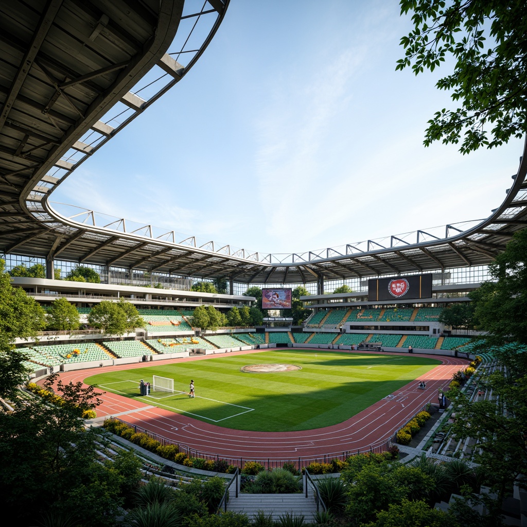 Prompt: Open-air stadium, lush greenery, vibrant flowers, athletic tracks, football fields, goalposts, spectator seating, modern architecture, curved lines, sleek metal structures, glass roofs, natural ventilation systems, cantilevered canopies, grand entrance gates, iconic scoreboard displays, dynamic LED lighting, shallow depth of field, 1/1 composition, panoramic view, realistic textures, ambient occlusion.