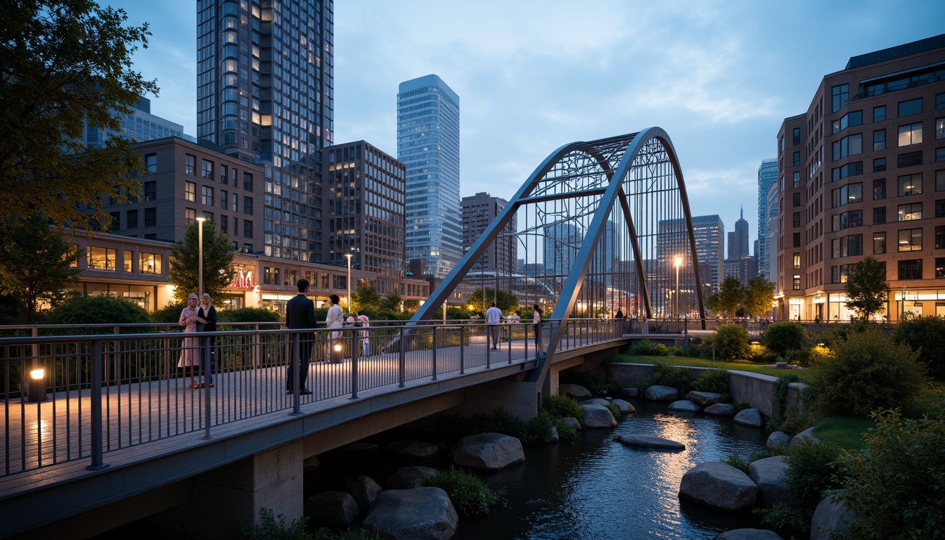 Prompt: Curved pedestrian bridge, sleek metal railings, wooden decking, modern suspension cables, triangular support structures, geometric latticework, urban cityscape, vibrant streetlights, misty evening atmosphere, soft warm lighting, 1/2 composition, shallow depth of field, realistic reflections, ambient occlusion, natural stone piers, flowing watercourse, lush greenery surroundings.