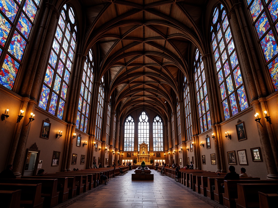 Prompt: Vibrant stained glass windows, kaleidoscope colors, intricate patterns, ornate details, Gothic architecture, grand cathedrals, sacred spaces, majestic ceilings, symmetrical compositions, warm natural light, soft diffused glow, 1/1 composition, shallow depth of field, realistic textures, ambient occlusion.