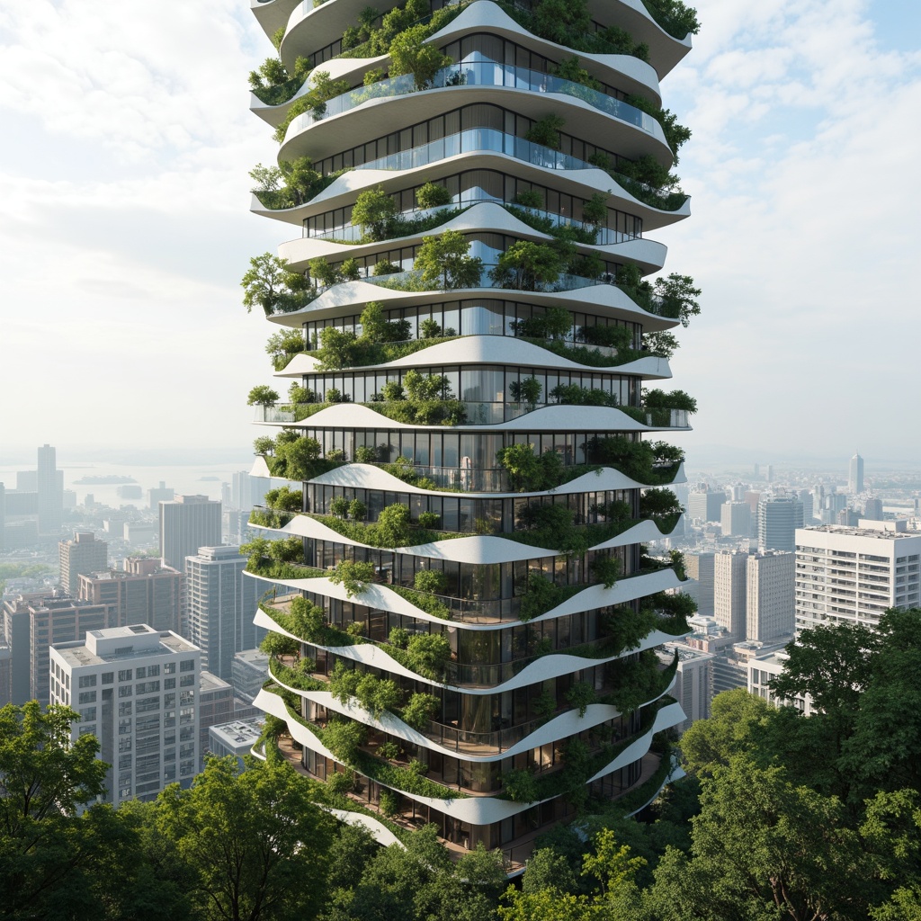 Prompt: Ethereal skyscraper, undulating curves, organic forms, lush green walls, living trees, natural ventilation, cantilevered floors, panoramic views, floor-to-ceiling glass windows, minimalist interior design, sustainable materials, solar panels, wind turbines, rainwater harvesting systems, eco-friendly concrete, innovative insulation, misty atmospheric effects, soft warm lighting, shallow depth of field, 1/1 composition, realistic textures, ambient occlusion.