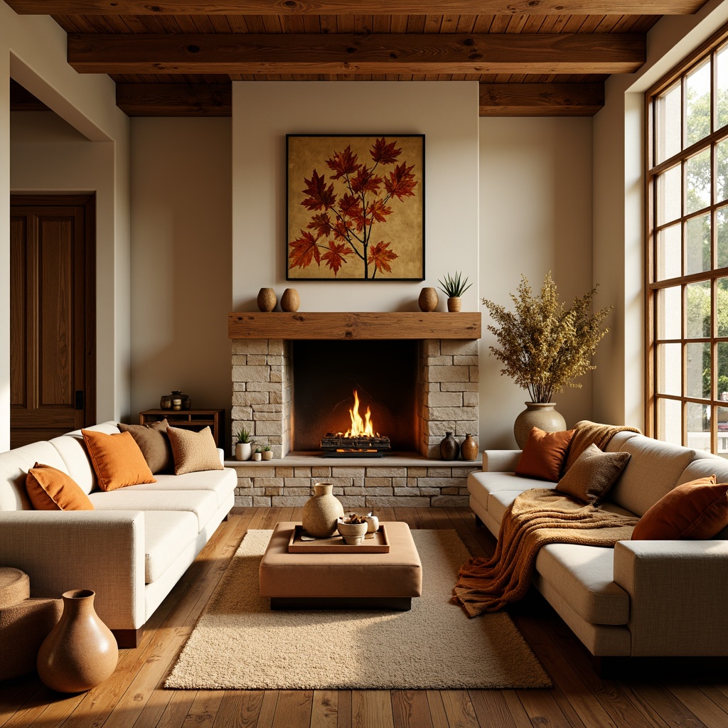 Prompt: Cozy living room, warm beige walls, rich walnut wood furniture, plush throw blankets, golden lighting, soft velvet sofas, earthy terracotta vases, natural stone fireplace, autumnal leaf patterns, comforting ambiance, inviting atmosphere, rustic wooden accents, sun-kissed day, warm color harmony, analogous color scheme, earthy tone palette, natural material textures, ambient occlusion, realistic rendering.