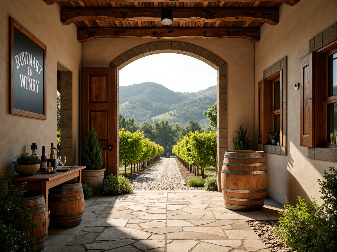 Prompt: Rustic winery, earthy tones, warm beige walls, rich wood accents, vintage metal decor, lush green vineyards, rolling hills, sunny afternoon, soft natural lighting, shallow depth of field, 1/1 composition, realistic textures, ambient occlusion, weathered stone pathways, distressed wooden barrels, ornate iron gates, elegant typography, classic wine labels.