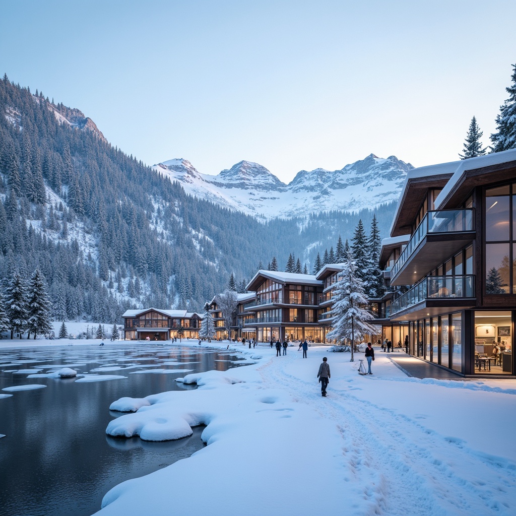 Prompt: Snow-capped mountains, frozen lakes, winter sports equipment, ski lifts, rustic wooden chalets, modern ski center architecture, transparent glass facades, minimalist design, sleek metal frames, icy blue tones, frosty mornings, soft warm lighting, shallow depth of field, 3/4 composition, panoramic views, realistic snow textures, ambient occlusion.