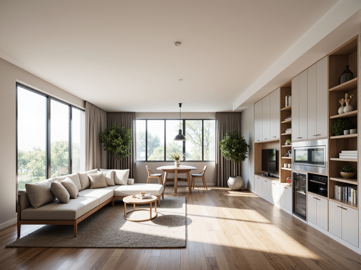 Prompt: Modern living room, minimalist decor, neutral color palette, sleek furniture, multi-functional storage units, hidden appliances, floor-to-ceiling windows, natural light, airy atmosphere, wooden flooring, plush area rug, comfortable seating, cozy reading nook, task-oriented lighting, 3D visualization, symmetrical composition, soft shadows, ambient occlusion.