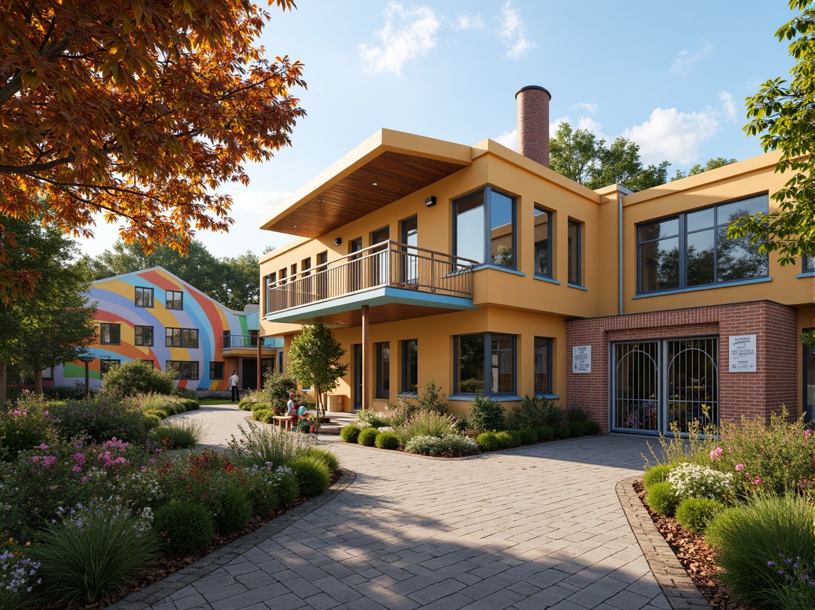 Prompt: Whimsical kindergarten facade, eclectic style architecture, bright color scheme, playful murals, oversized windows, wooden accents, brick walls, ornate metal gates, lush greenery, vibrant flowers, winding pathways, educational signage, interactive outdoor spaces, soft warm lighting, shallow depth of field, 3/4 composition, panoramic view, realistic textures, ambient occlusion.