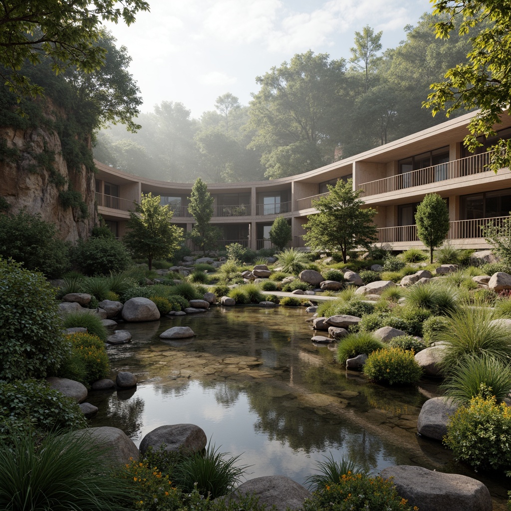 Prompt: Harmonious landscape integration, blending natural habitats, meandering water features, lush vegetation, native plants, weathered stone walls, curved wooden bridges, cantilevered overhangs, organic architecture, earthy tones, seamless transitions, panoramic views, atmospheric lighting, misty mornings, shallow depth of field, 2/3 composition, realistic textures, ambient occlusion.