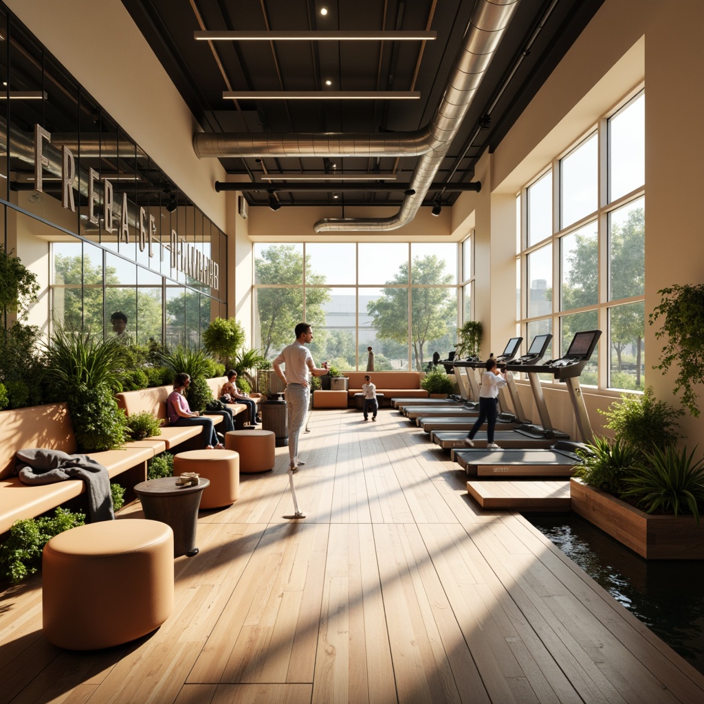 Prompt: Vibrant fitness club interior, large windows, natural light pouring in, sleek modern equipment, mirrored walls, polished wooden floors, minimalist decor, neutral color palette, motivational quotes, energetic ambiance, high ceilings, open space, green plants, calming water features, warm beige tones, soft diffused lighting, 3/4 composition, shallow depth of field, realistic textures.