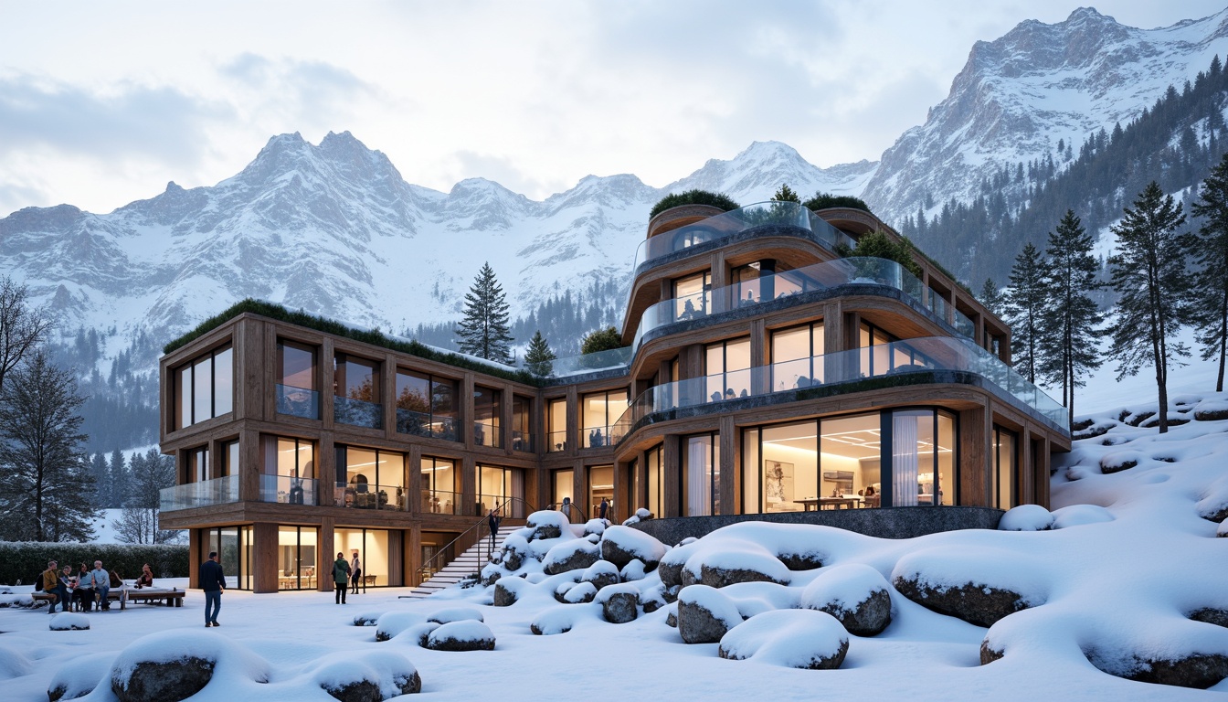 Prompt: Snow-capped mountains, rugged terrain, deconstructed ski center, fragmented wooden structures, irregular shapes, dynamic volumes, cantilevered roofs, transparent glass facades, eco-friendly materials, recycled metal cladding, living walls, green roofs, wind turbines, solar panels, rainwater harvesting systems, natural stone foundations, exposed ductwork, minimalist interior design, functional spaces, warm lighting, cozy atmosphere, snowy day, misty morning, soft focus, shallow depth of field, 2/3 composition, cinematic view, realistic textures, ambient occlusion.