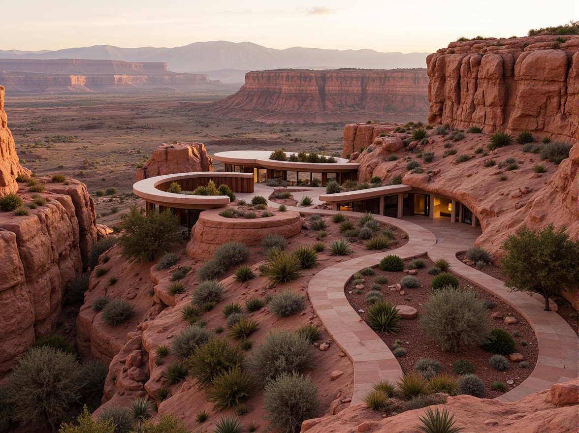 Prompt: Canyon rim, rugged terrain, rusty red rock formations, vast open spaces, modern canyon architecture, curved lines, organic shapes, earthy tones, natural stone walls, wooden accents, cantilevered structures, panoramic views, layered landscape integration, winding walking paths, desert flora, cacti plants, succulent gardens, warm golden lighting, soft shadows, 3/4 composition, atmospheric perspective, realistic rock textures, ambient occlusion.