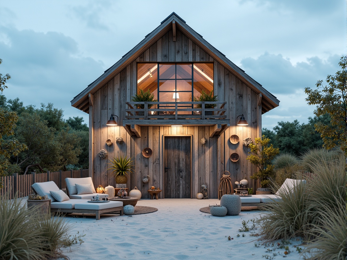 Prompt: Driftwood beachside barn, rustic wooden accents, weathered shingles, nautical ropes, seashell decorations, sandy dunes, coastal succulents, salt-tolerant grasses, ocean-inspired color palette, soft blues and whites, natural textures, distressed finishes, vintage nautical elements, lantern-style lighting, warm ambient glow, shallow depth of field, 1/2 composition, cinematic view, realistic weathering effects, subtle camera movements.