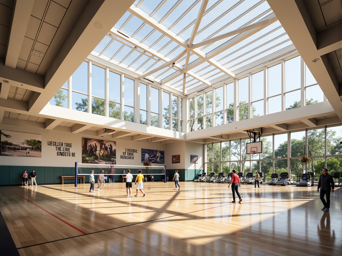 Prompt: Well-ventilated gymnasium, abundant natural light, clerestory windows, high ceilings, polished wooden floors, athletic equipment, basketball hoops, volleyball nets, treadmills, exercise machines, motivational quotes, inspirational murals, bright colors, modern architecture, angular lines, minimalist design, sustainable materials, energy-efficient systems, shaded outdoor spaces, misting systems, panoramic views, shallow depth of field, 3/4 composition, realistic textures, ambient occlusion.