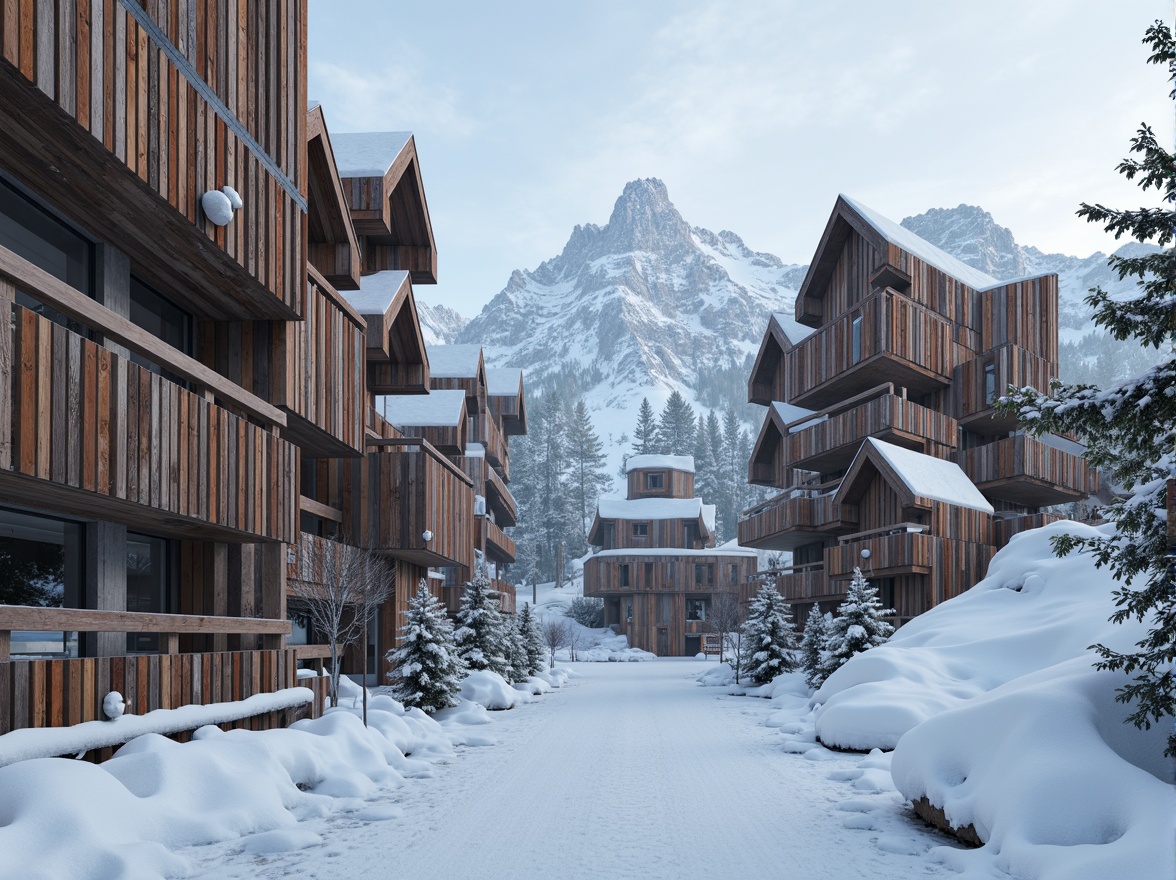 Prompt: Fragmented ski resort architecture, irregular shapes, distressed wood textures, metallic accents, dynamic angular lines, disintegrating forms, abstract mountain peaks, snowy terrain, frosty mornings, eerie mist, atmospheric lighting, shallow depth of field, 1/1 composition, symmetrical framing, realistic ice crystals, ambient occlusion.