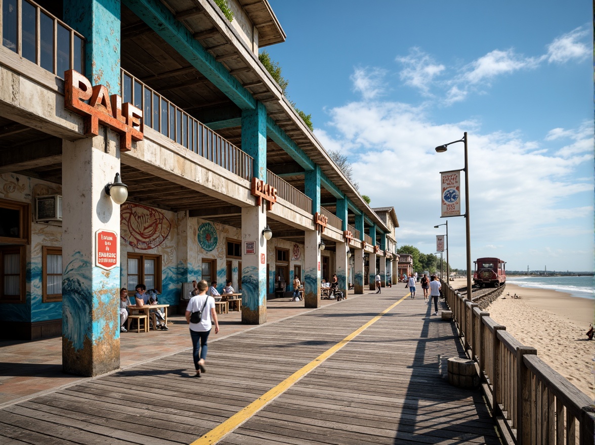 Prompt: Weathered wooden planks, rusty metal beams, nautical-themed signage, ocean-inspired murals, salt-sprayed glass windows, driftwood decorations, seashell-adorned railings, beachy color palette, sandy dunes backdrop, clear blue sky, warm sunny day, shallow depth of field, 3/4 composition, panoramic view, realistic textures, ambient occlusion, modern coastal architecture, curved lines, wave-inspired designs, ocean-facing platforms, bustling pedestrian traffic, vintage locomotives, nostalgic atmosphere.Let me know if you need any adjustments!