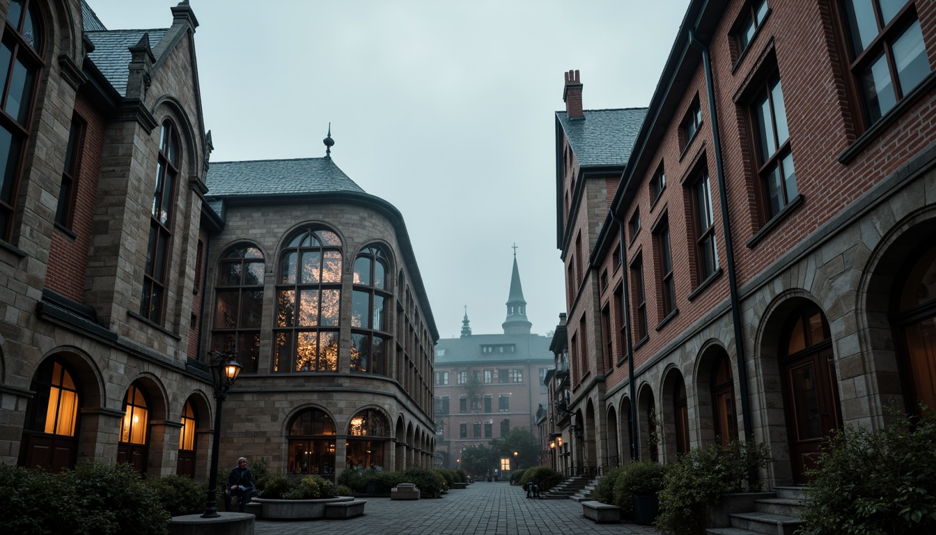 Prompt: Historic university campus, Gothic architectural style, majestic stone buildings, ornate facades, pointed arches, ribbed vaults, stunning stained glass windows, mysterious dark tones, rich brown wood accents, earthy red brick walls, weathered copper roofs, mystical foggy atmosphere, soft diffused lighting, dramatic shadows, 1/2 composition, symmetrical framing, intricate textures, subtle ambient occlusion.