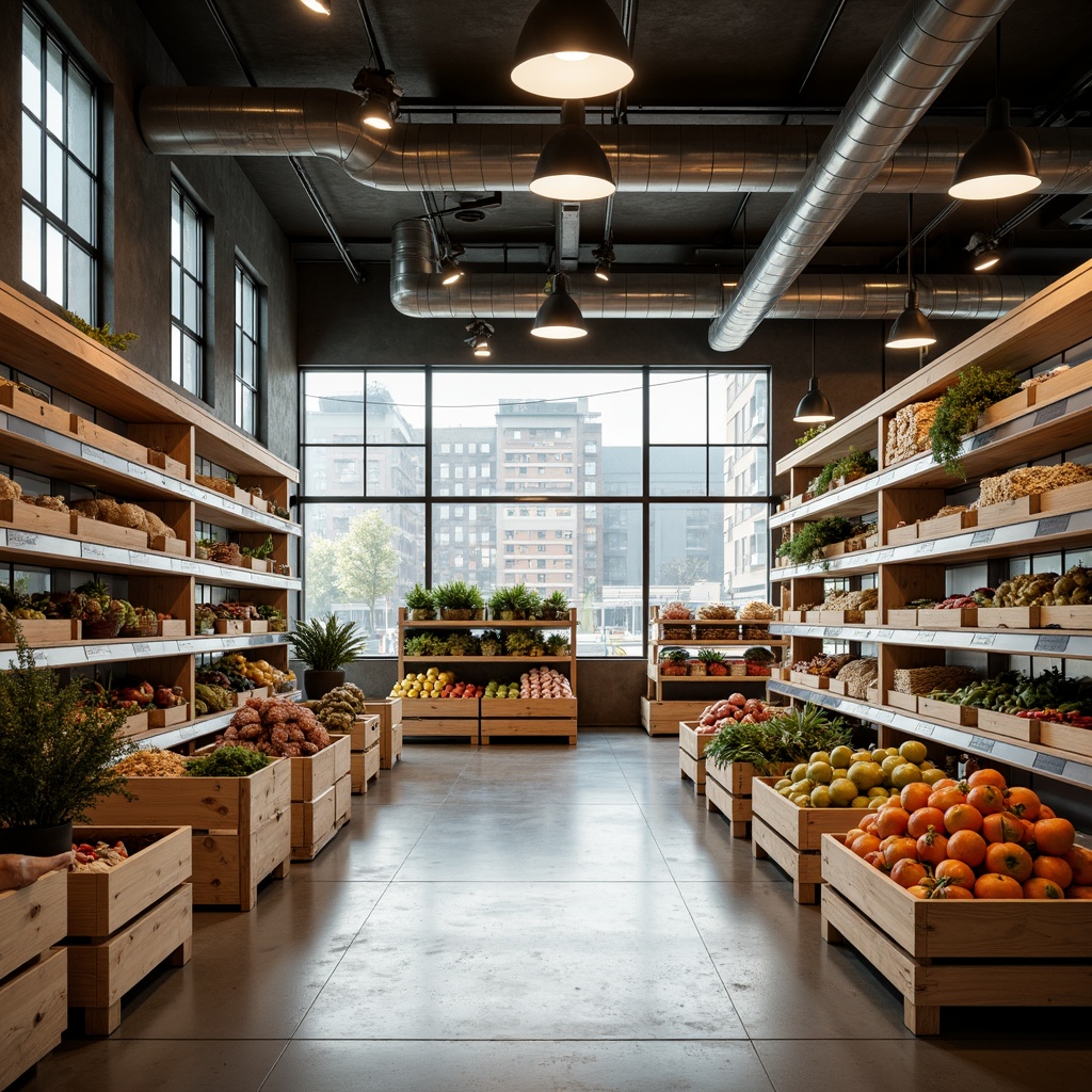 Prompt: Minimalist Bauhaus grocery store, industrial metal shelves, rustic wooden crates, fresh produce stands, modern LED lighting, overhead track lights, suspended pendant lamps, warm neutral color tones, concrete floors, exposed ductwork, geometric patterns, clean lines, functional simplicity, natural light pouring in through large windows, soft indirect illumination, 1/2 composition, realistic reflections, ambient occlusion.