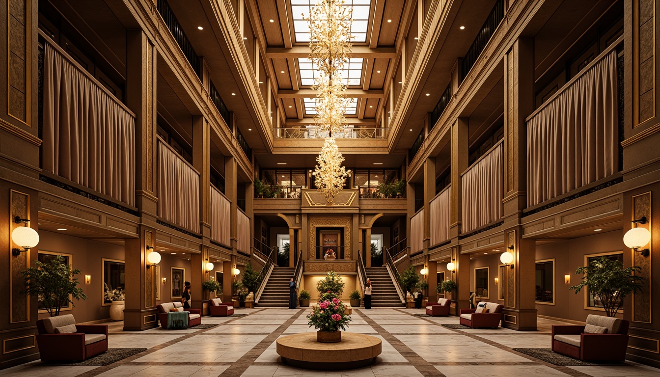 Prompt: Luxurious Art Deco building, ornate metallic details, opulent chandeliers, unique pendant lights, geometric patterned walls, lavish furnishings, velvet drapes, marble floors, grand staircases, high ceilings, dramatic archways, warm golden lighting, soft shadows, 1/1 composition, realistic reflections, ambient occlusion, detailed textures.