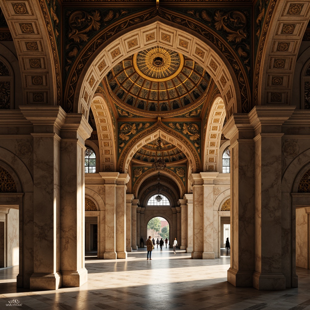 Prompt: Intricate archways, ornate carvings, golden mosaics, Byzantine-inspired architecture, grand entrance halls, vaulted ceilings, ornamental columns, marble floors, intricate stone carvings, domed structures, subtle warm lighting, soft shadows, 1/2 composition, symmetrical framing, high dynamic range, realistic textures, ambient occlusion.