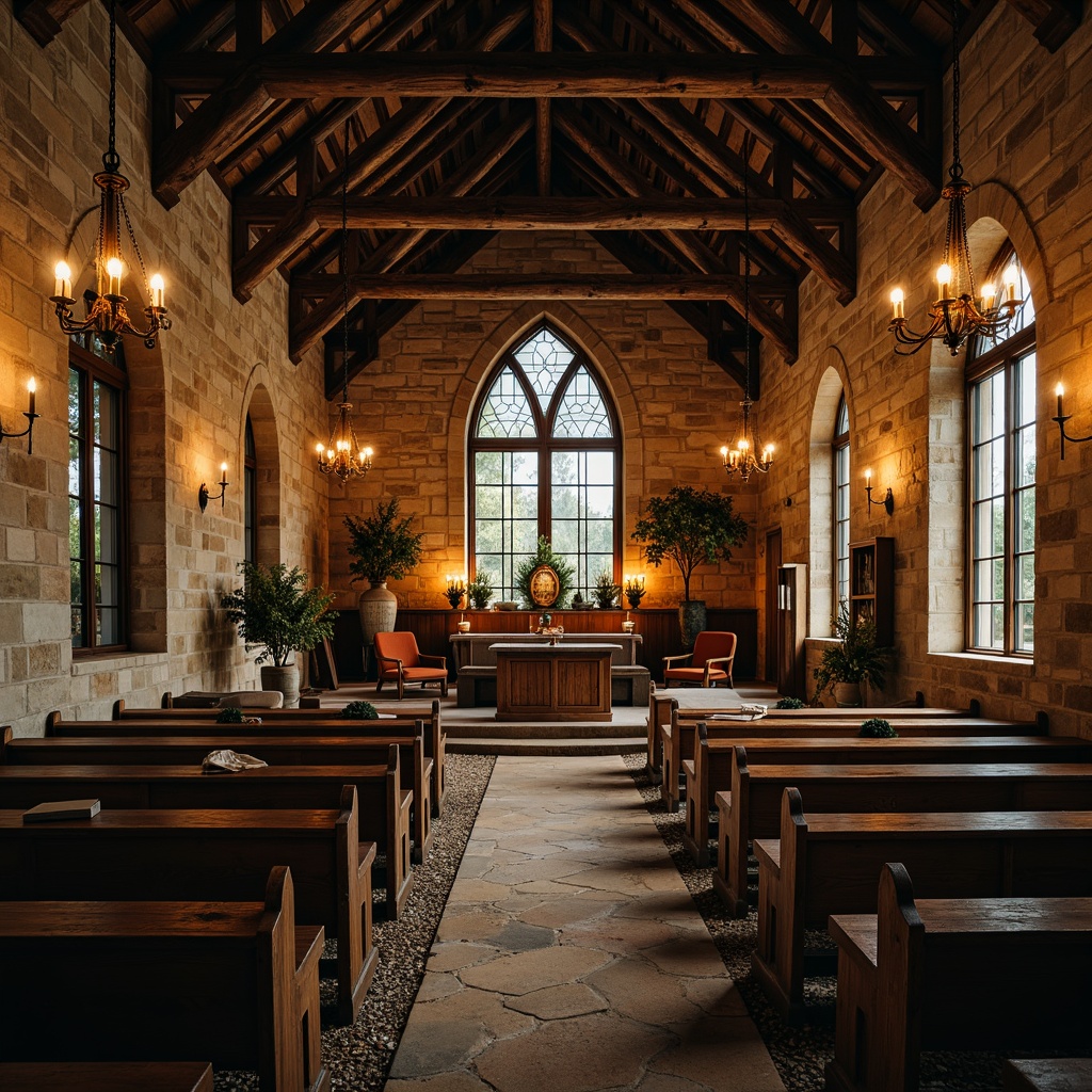 Prompt: Rustic stone church, traditional vernacular style, wooden pews, stained glass windows, vaulted ceiling, grand altar, intricate carvings, ornate chandeliers, warm candlelight, soft natural light, peaceful ambiance, serene atmosphere, rural landscape, rolling hills, surrounding trees, winding pathways, gravel courtyard, vintage metal doors, distressed wood accents, earthy color palette, natural textures, shallow depth of field, 2/3 composition, warm color grading, cinematic lighting.