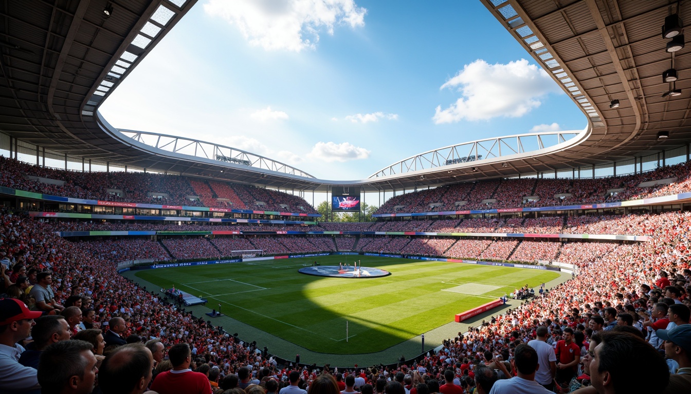 Prompt: Vibrant stadium atmosphere, energetic crowd, bold team colors, dynamic LED lighting, sleek modern architecture, curved lines, angular shapes, metallic accents, high-gloss finishes, bright scoreboard displays, lush green grass, sunny day, soft warm lighting, shallow depth of field, 3/4 composition, panoramic view, realistic textures, ambient occlusion.